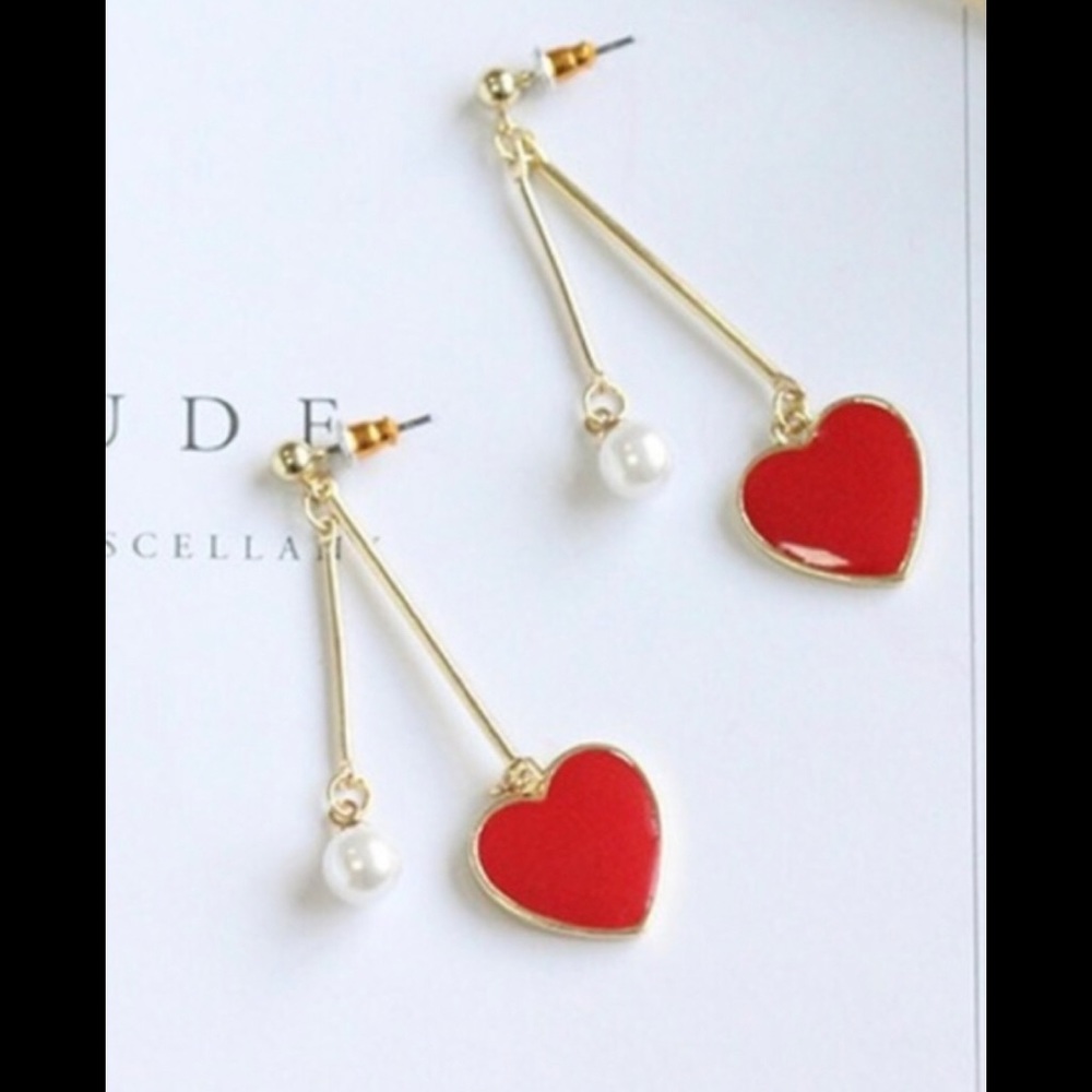 Red heart, pearl gold rod earrings